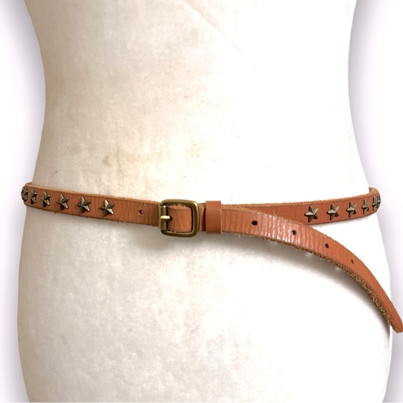 Accessories - Brown leather skinny belt star studs EUC